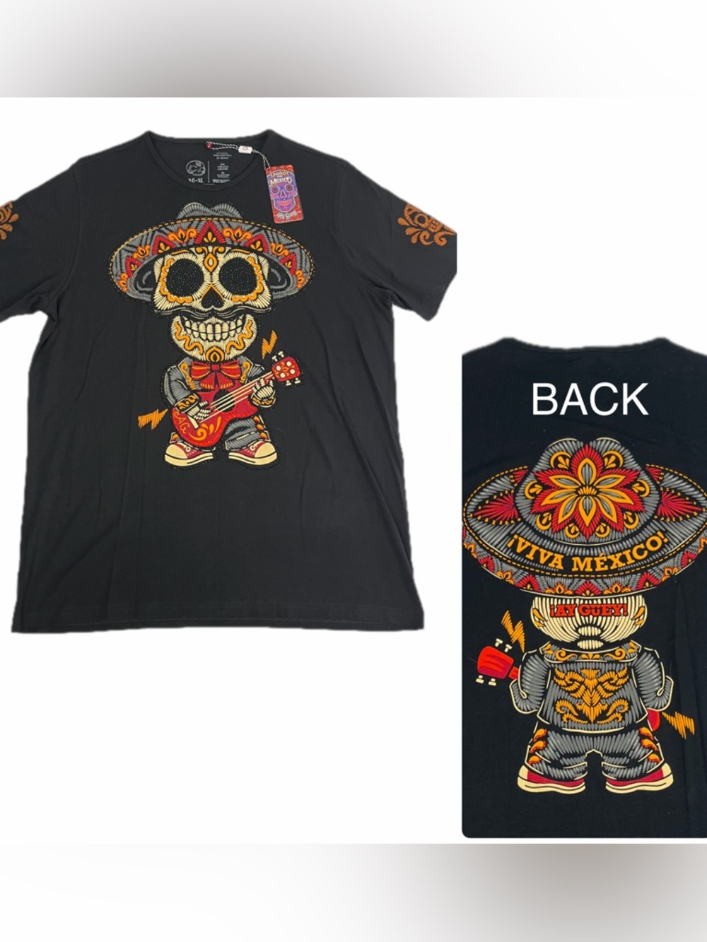 AY GUEY "Chapatin" Men's Beaded Short Sleeve Tee Mexican Skull Mariachi Black XL